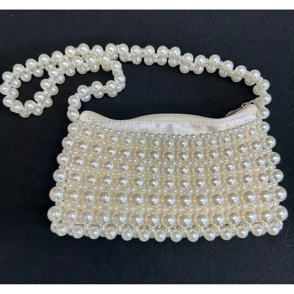Vintage Style Ivory Faux Pearl Beaded Baguette Shoulder Bag Evening Purse